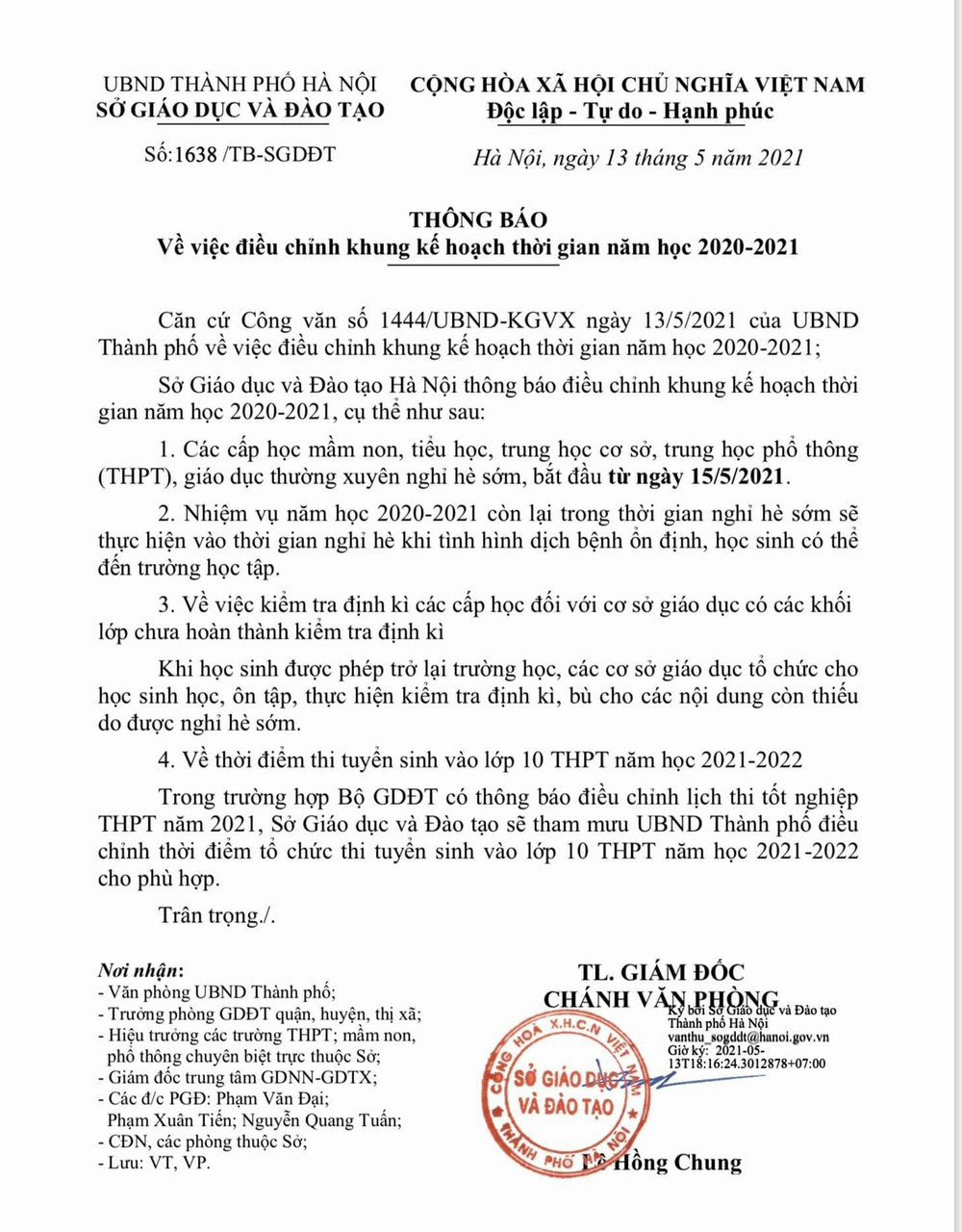 Thông báo về việc điều chỉnh khung kế hoạch năm học 2020 - 2021 của Sở giáo dục và Đào tạo TP. Hà Nội